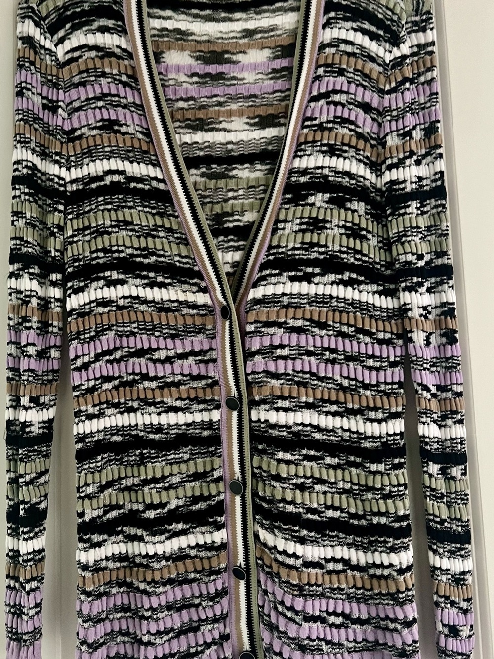 Womens Striped Textured Button-Front Cardigan - Lavender, Olive, Black, White